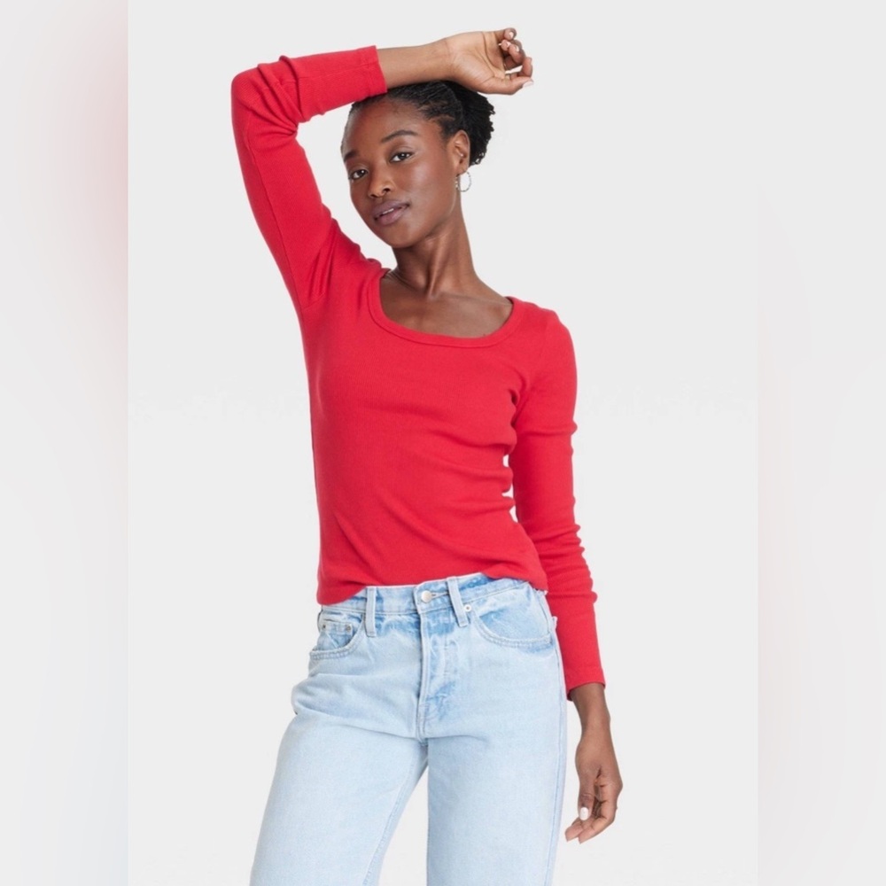A New Day Women's Slim Fit Long Sleeve Scoop Neck Ribbed Shirt XS New